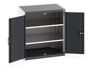 Heavy Duty Bott cubio cupboard with perfo panel lined hinged doors. 800mm wide x 650mm deep x 900mm high with 2 x100kg capacity shelves.... Bott Tool Storage Cupboards for workshops with Shelves and or Perfo Doors